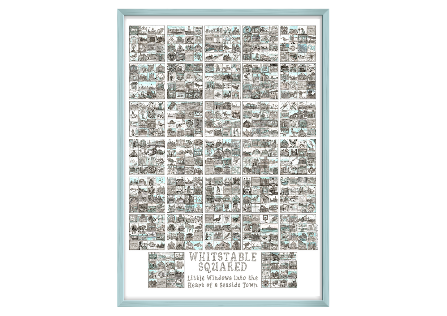 Framed A2 artwork titled 'Whitstable Squared' with a grid of black and white illustrations in a powder blue frame.