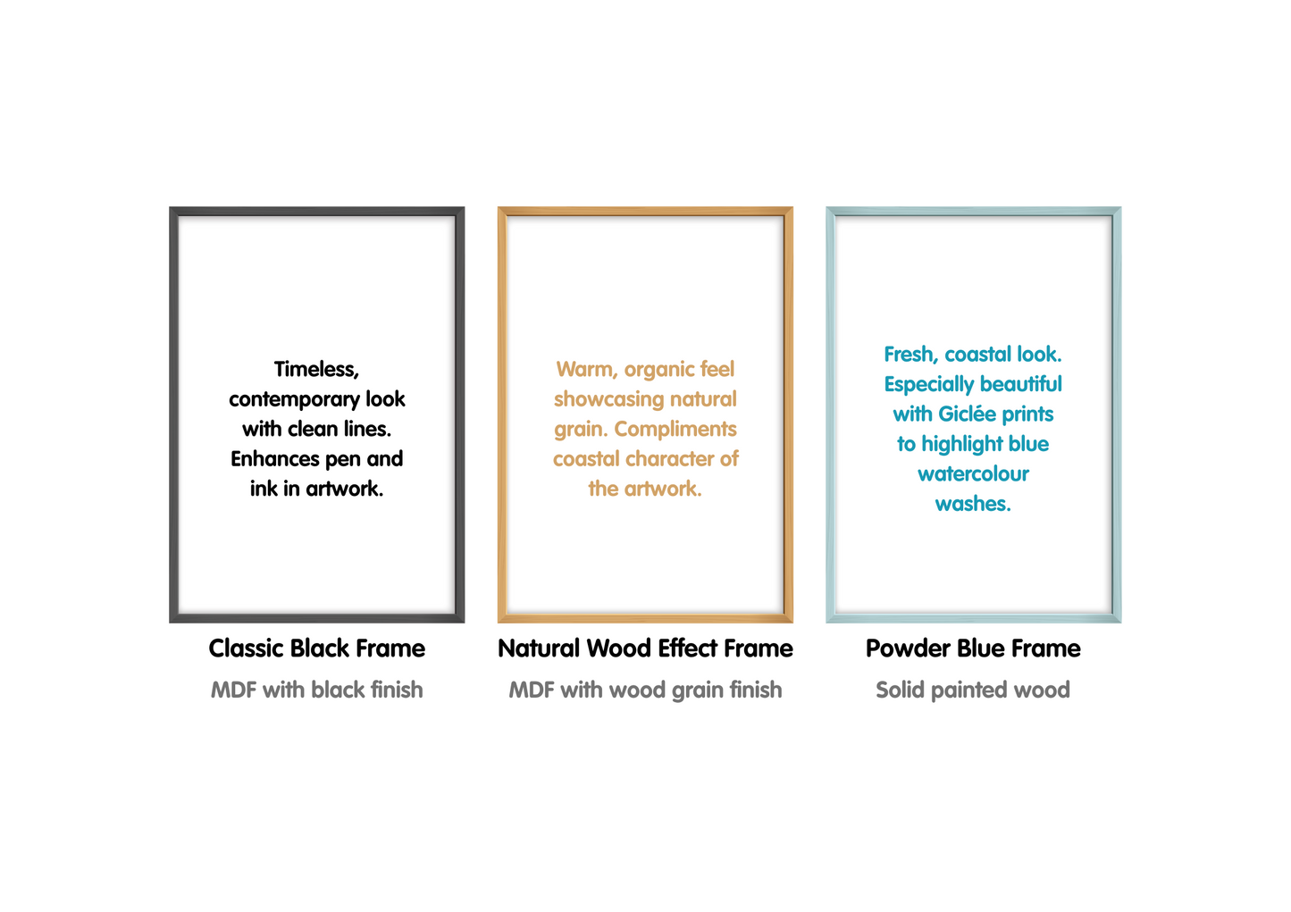 Three descriptions of the frames available with a Whitstable Squared print on a white background.