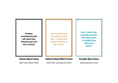 Three descriptions of the frames available with a Whitstable Squared print on a white background.