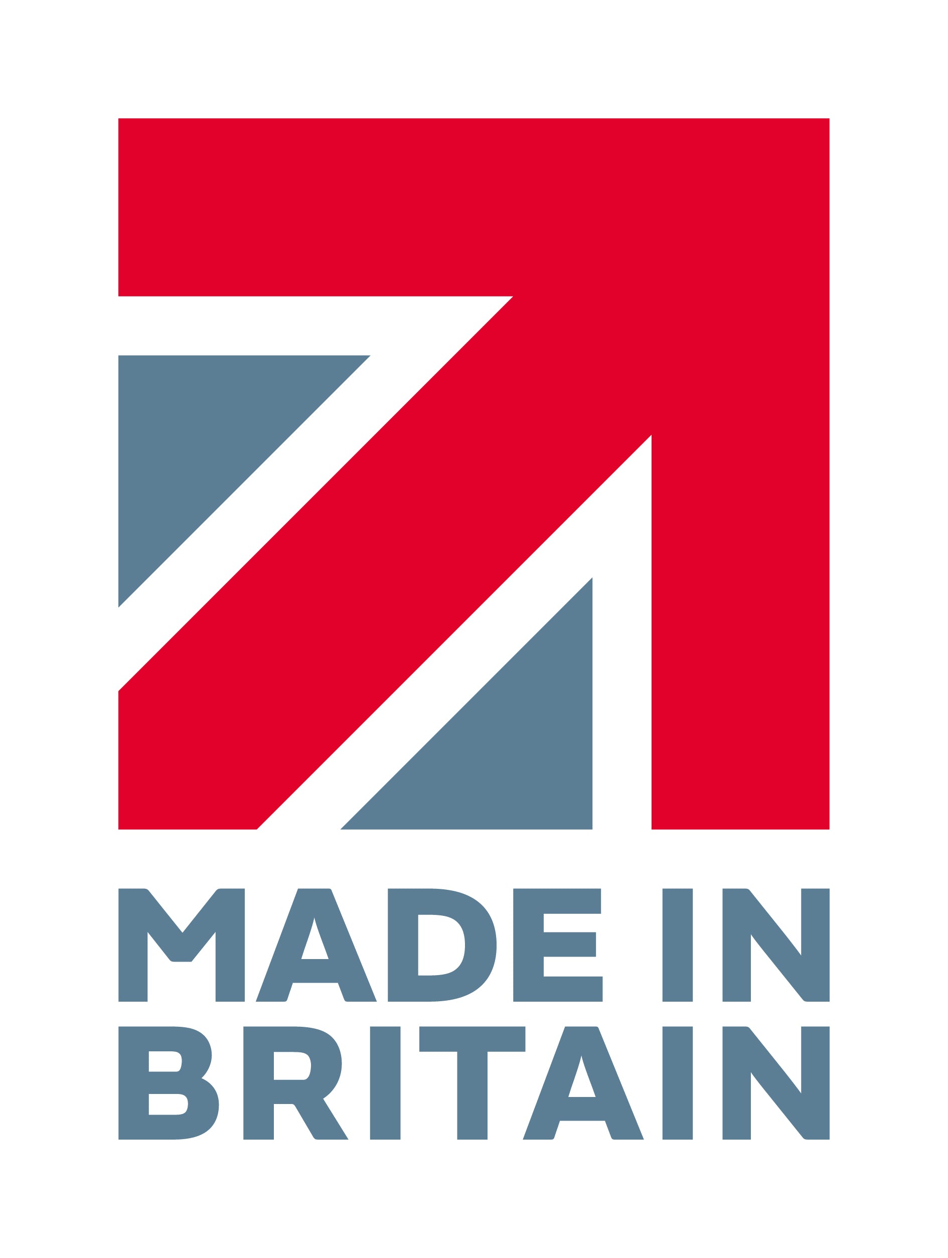 Made in Britain Logo with red north east facing arrow on red and blue design with text below