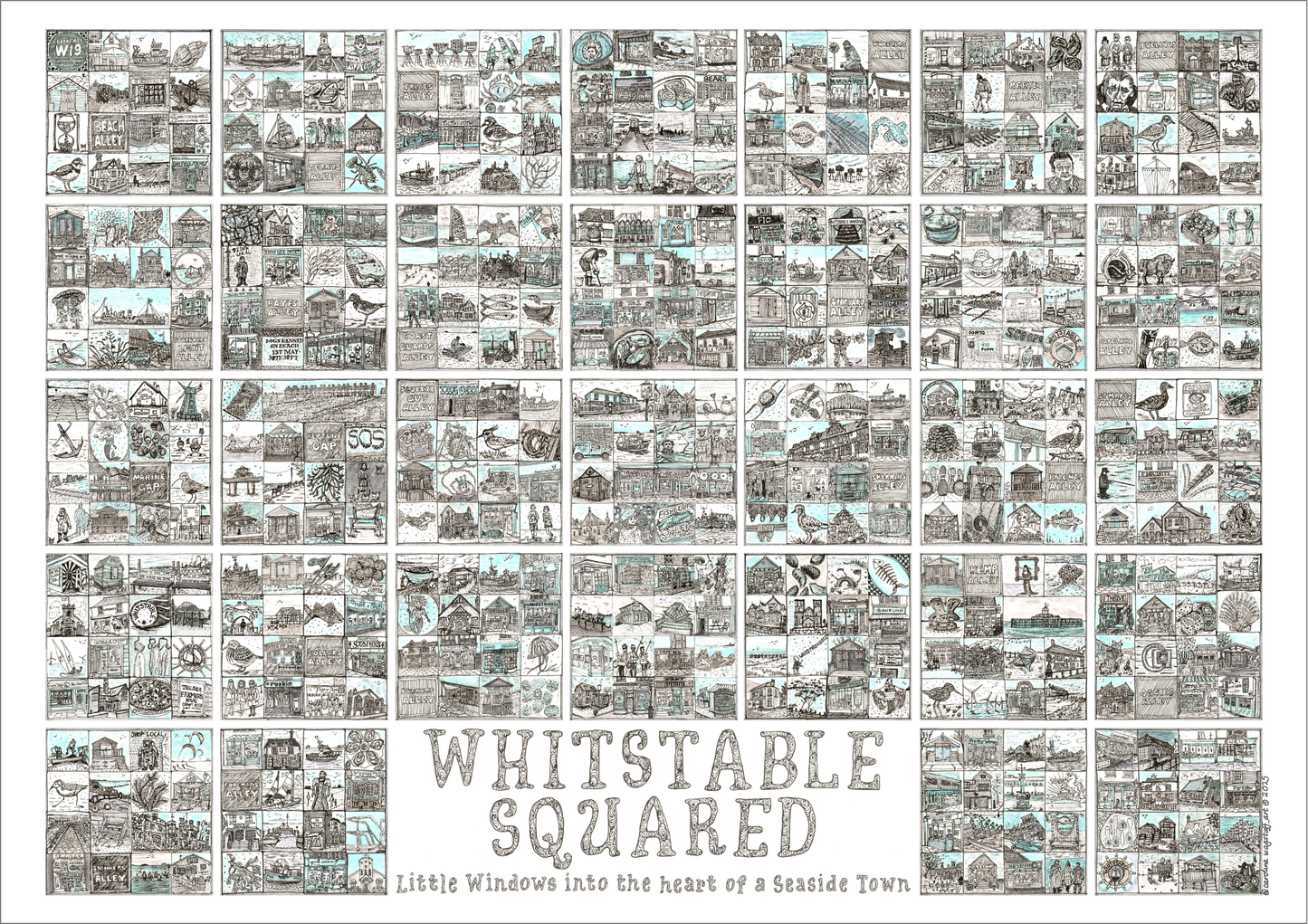 Close up of 'Whitstable Squared ' A2 Landscape picture i- llustrated grid of small images in squares