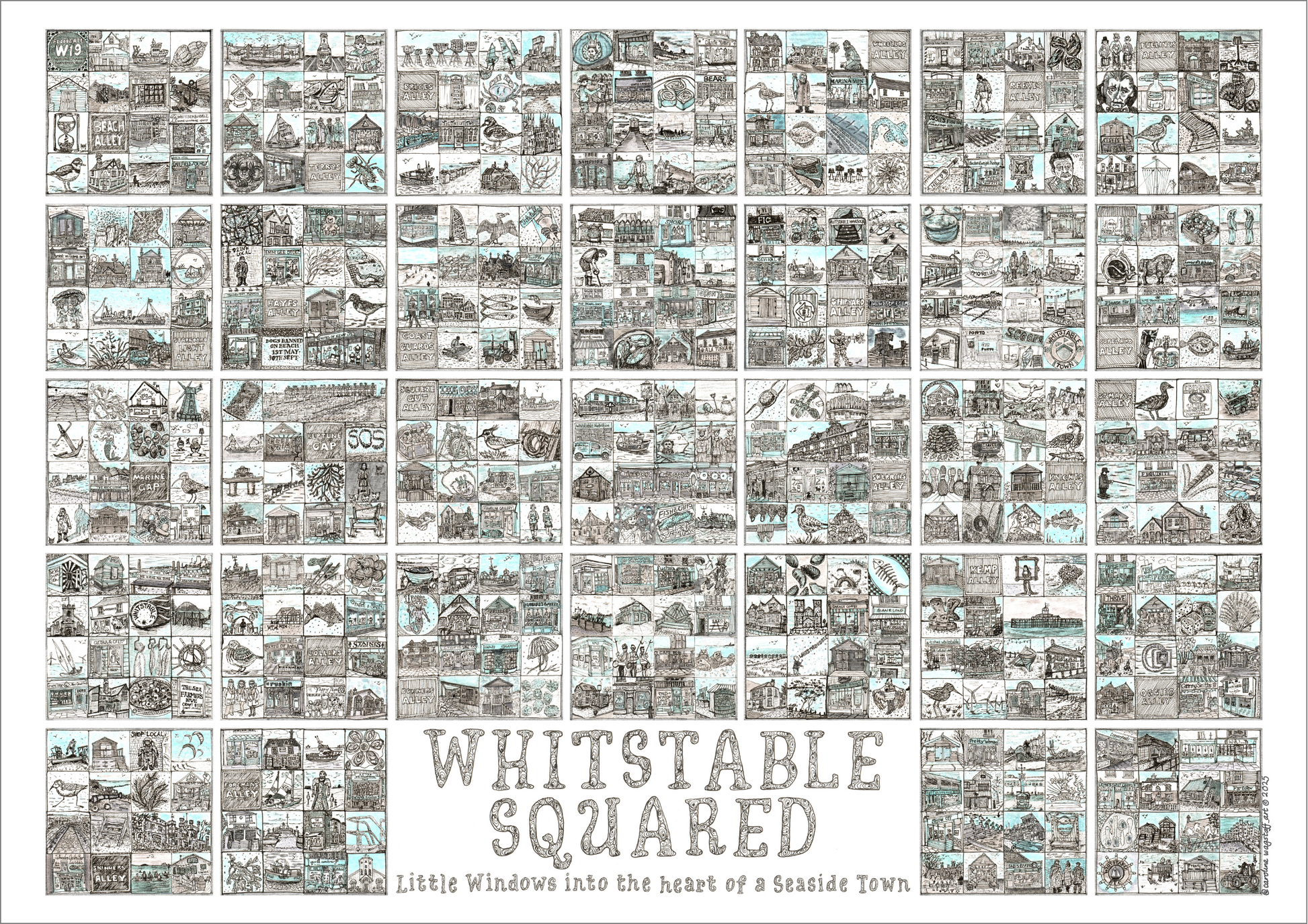 Close up of 'Whitstable Squared ' A2 Landscape picture i- llustrated grid of small images in squares