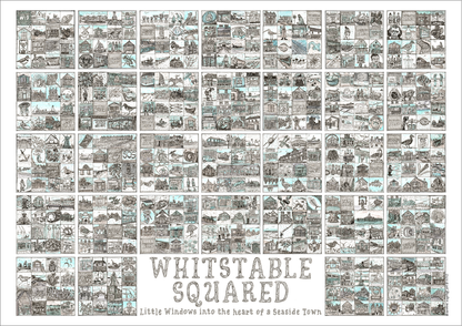 Close up of 'Whitstable Squared ' A2 Landscape picture i- llustrated grid of small images in squares