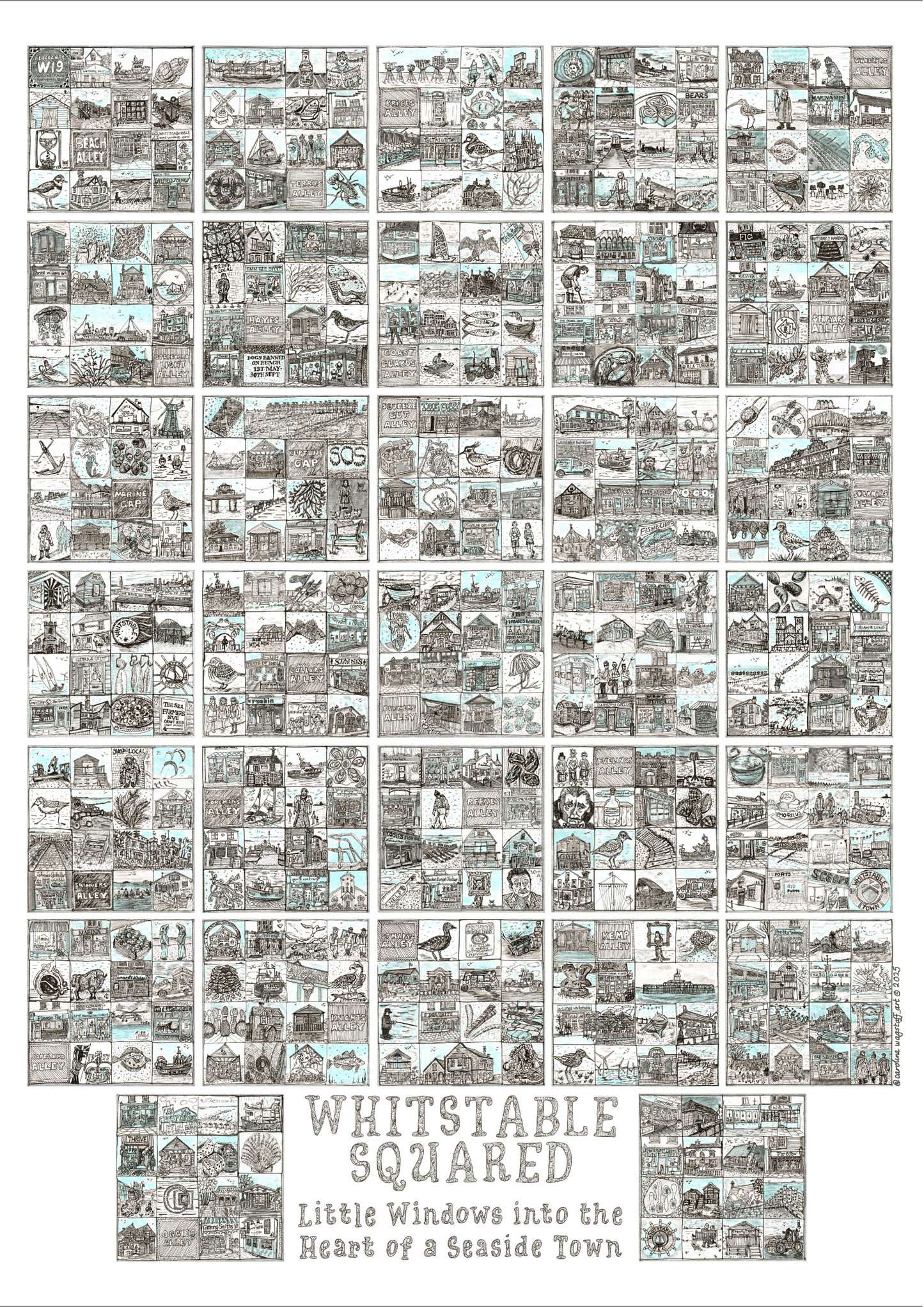 Posters sized A2 print titled 'Whitstable Squared' with illustrations of a seaside town.