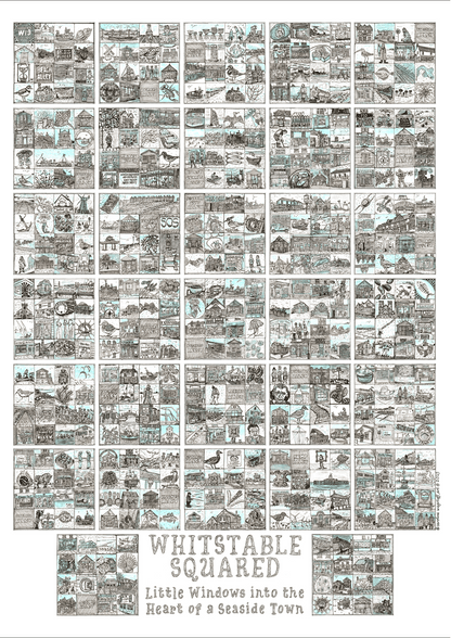 Posters sized A2 print titled 'Whitstable Squared' with illustrations of a seaside town.