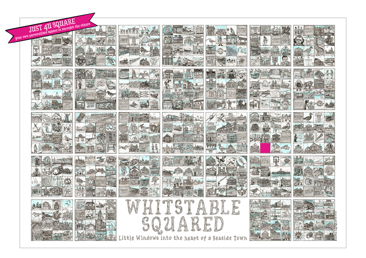 A2 landscape print entitled 'Whitstable Squared' with black and white illustrations in squares and pink blank square a 'Just 4U Square' flash on top left corner.