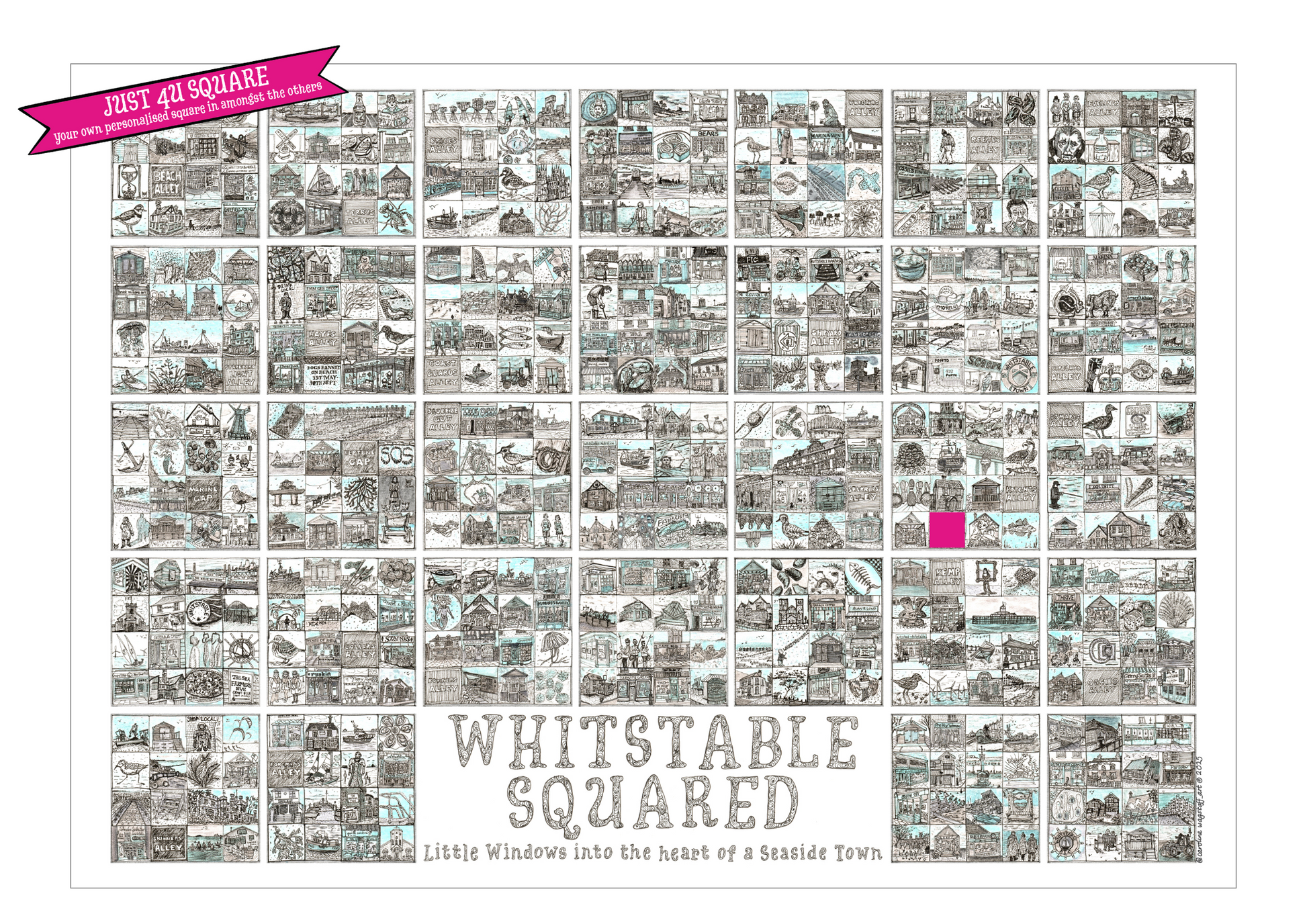 A2 landscape print entitled 'Whitstable Squared' with black and white illustrations in squares and pink blank square a 'Just 4U Square' flash on top left corner.