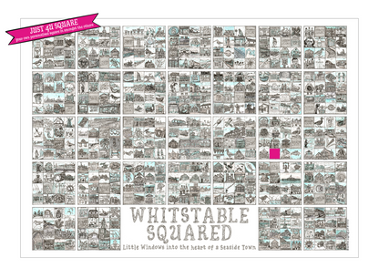 A2 landscape print entitled 'Whitstable Squared' with black and white illustrations in squares and pink blank square a 'Just 4U Square' flash on top left corner.