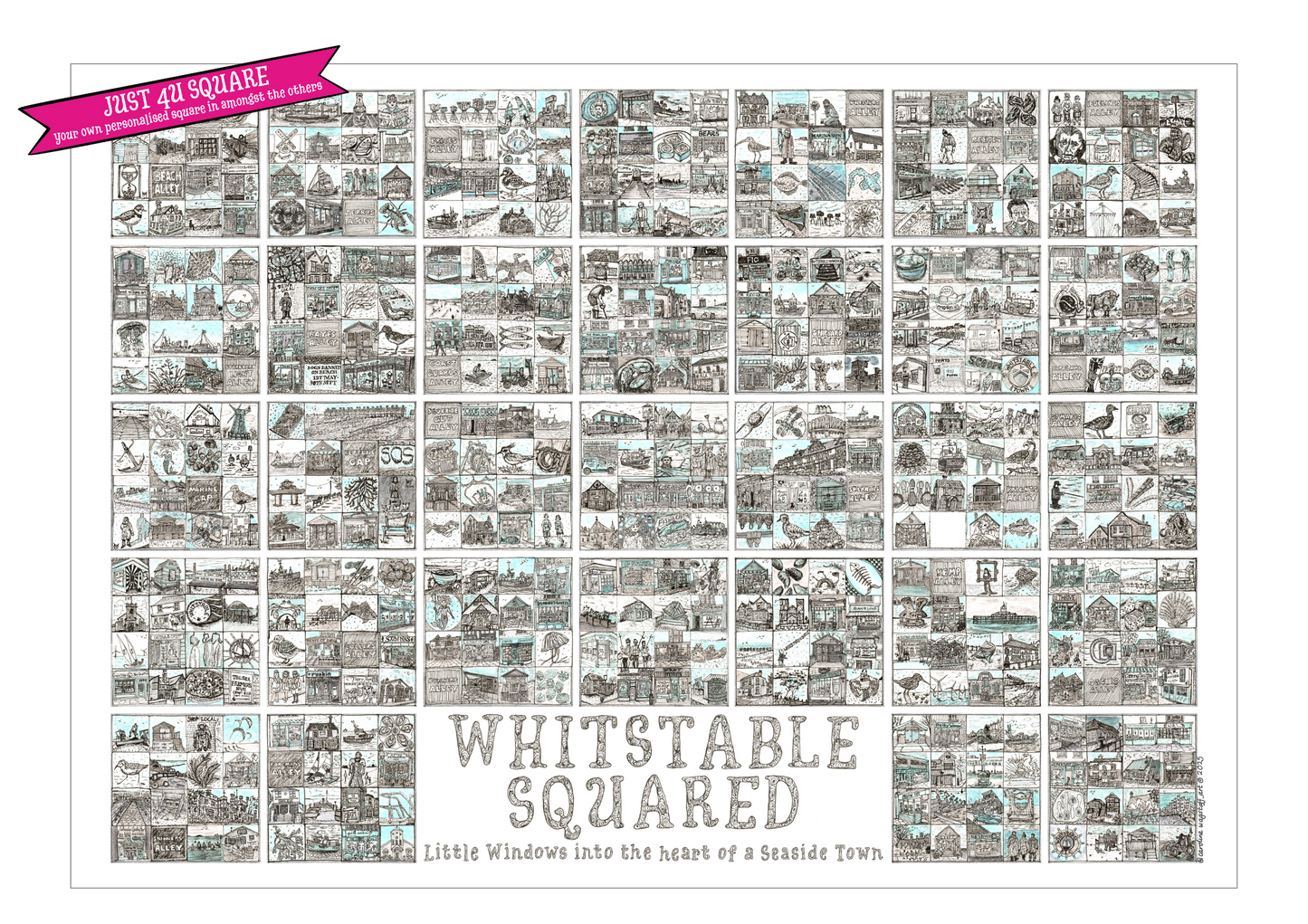 A2 landscape print entitled 'Whitstable Squared' with black and white illustrations in squares and a blank square and a 'Just 4U Square' flash on top left corner.