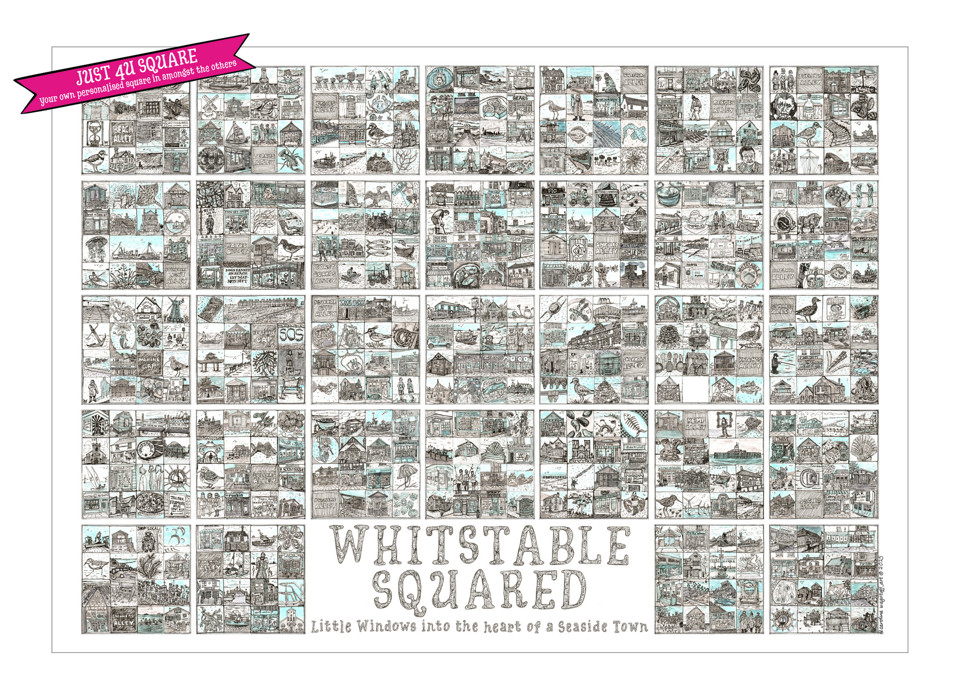 A2 landscape print entitled 'Whitstable Squared' with black and white illustrations in squares and a blank square and a 'Just 4U Square' flash on top left corner.