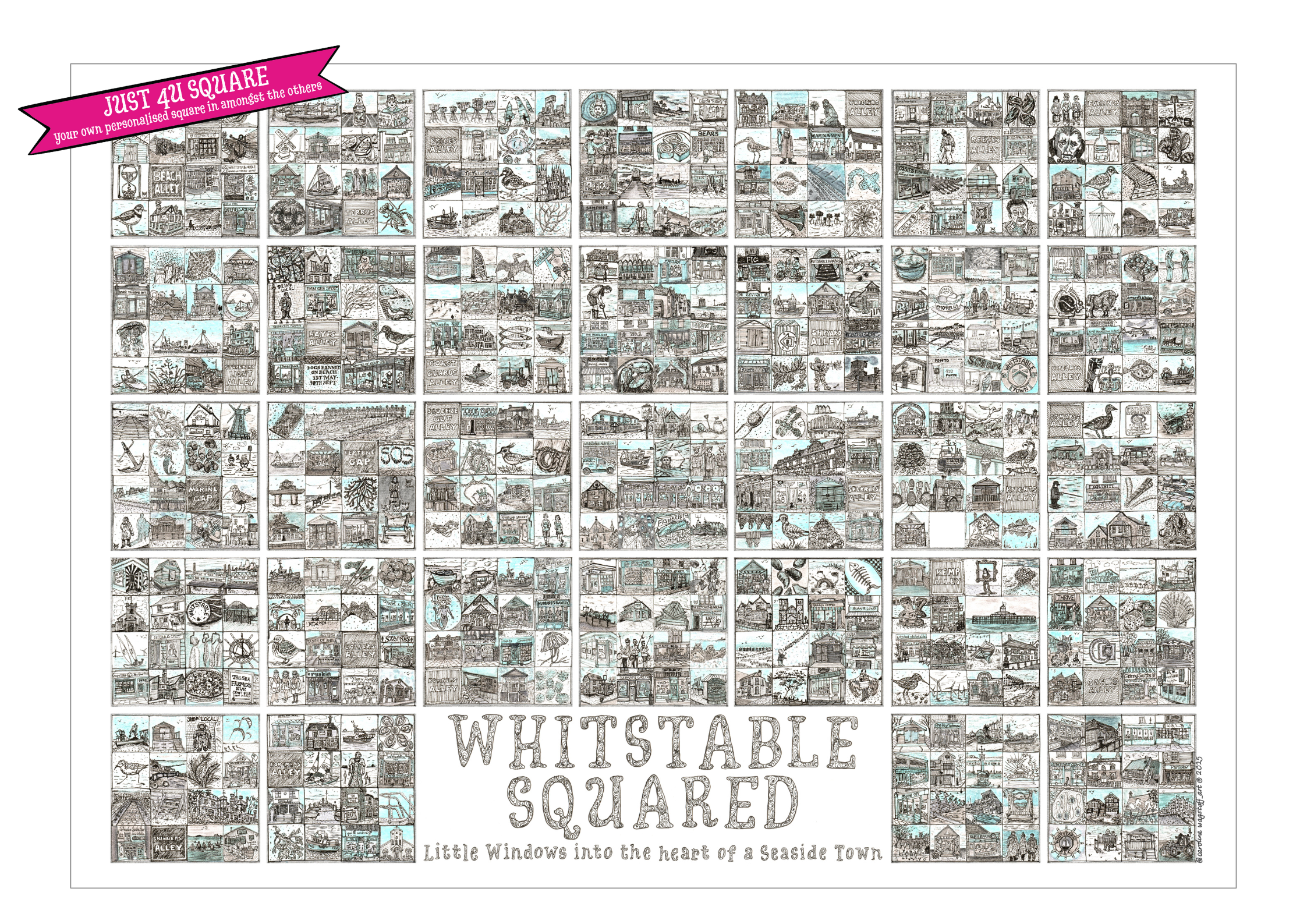 A2 landscape print entitled 'Whitstable Squared' with black and white illustrations in squares and a blank square and a 'Just 4U Square' flash on top left corner.