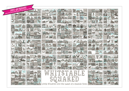 A2 landscape print entitled 'Whitstable Squared' with black and white illustrations in squares and a blank square and a 'Just 4U Square' flash on top left corner.