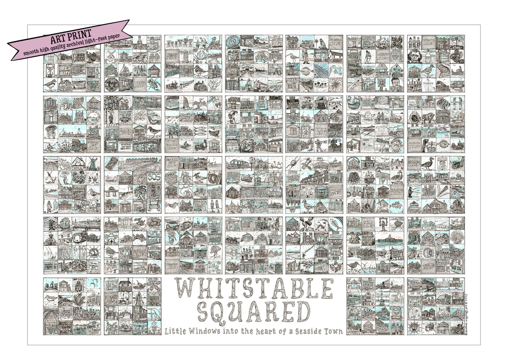 A2 landscape print entitled 'Whitstable Squared' with black and white illustrations in squares and a 'Art Print' flash on top left corner.