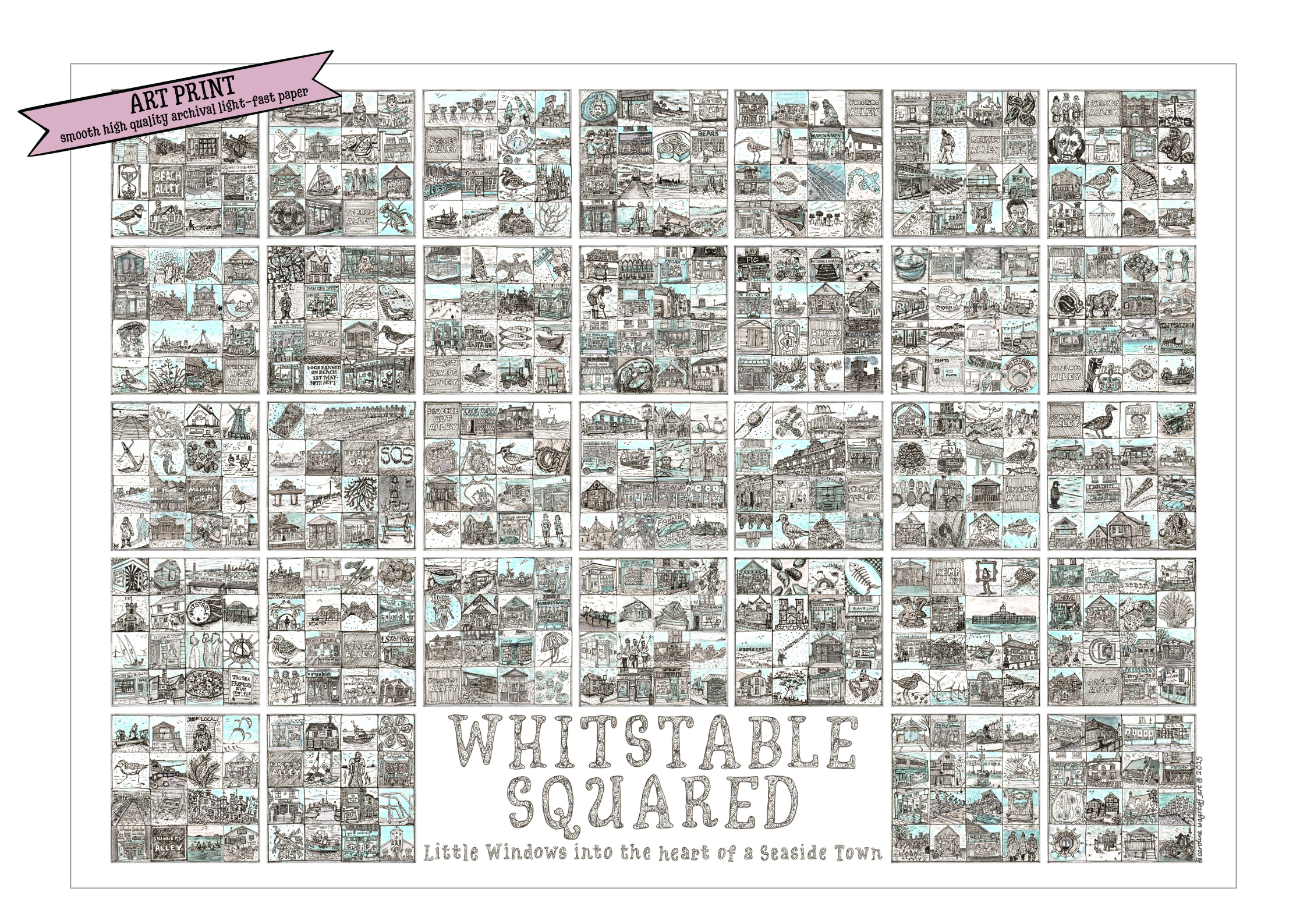 A2 landscape print entitled 'Whitstable Squared' with black and white illustrations in squares and a 'Art Print' flash on top left corner.