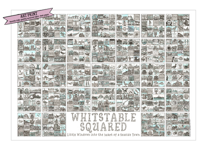 A2 landscape print entitled 'Whitstable Squared' with black and white illustrations in squares and a 'Art Print' flash on top left corner.