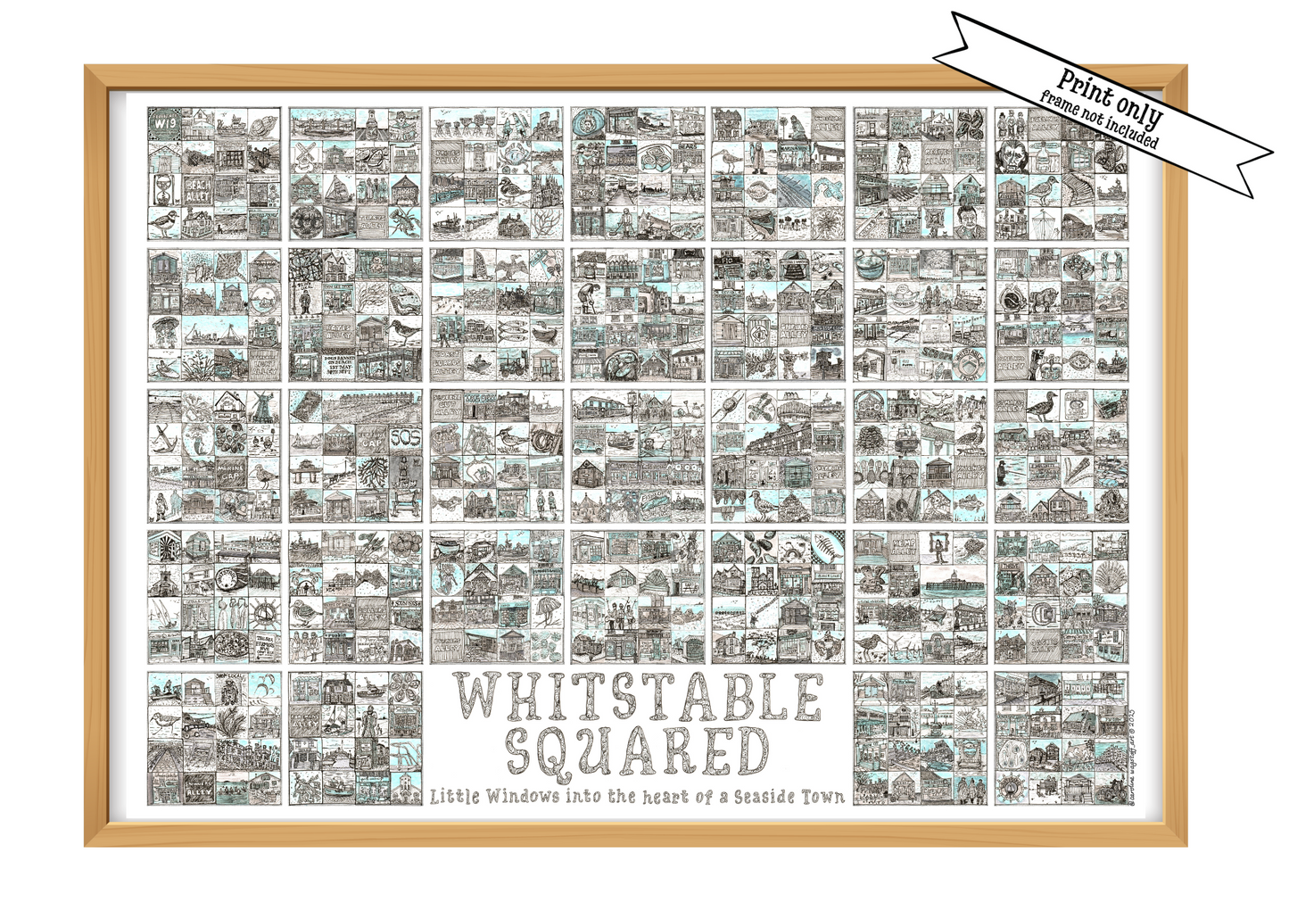 A2 landscape print entitled 'Whitstable Squared' with black and white illustrations in squares in the wood effect frame and a 'Print Only' flash on top right corner. 