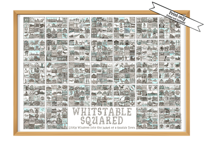A2 landscape print entitled 'Whitstable Squared' with black and white illustrations in squares in the wood effect frame and a 'Print Only' flash on top right corner. 