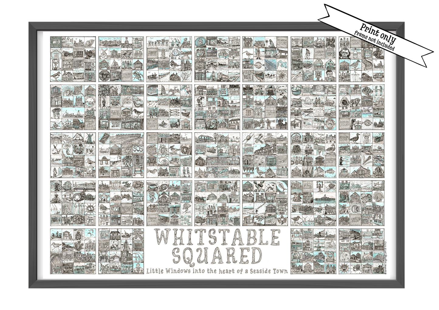 A2 landscape print entitled 'Whitstable Squared' with black and white illustrations in squares in the black frame and a 'Print Only' flash on top right corner.