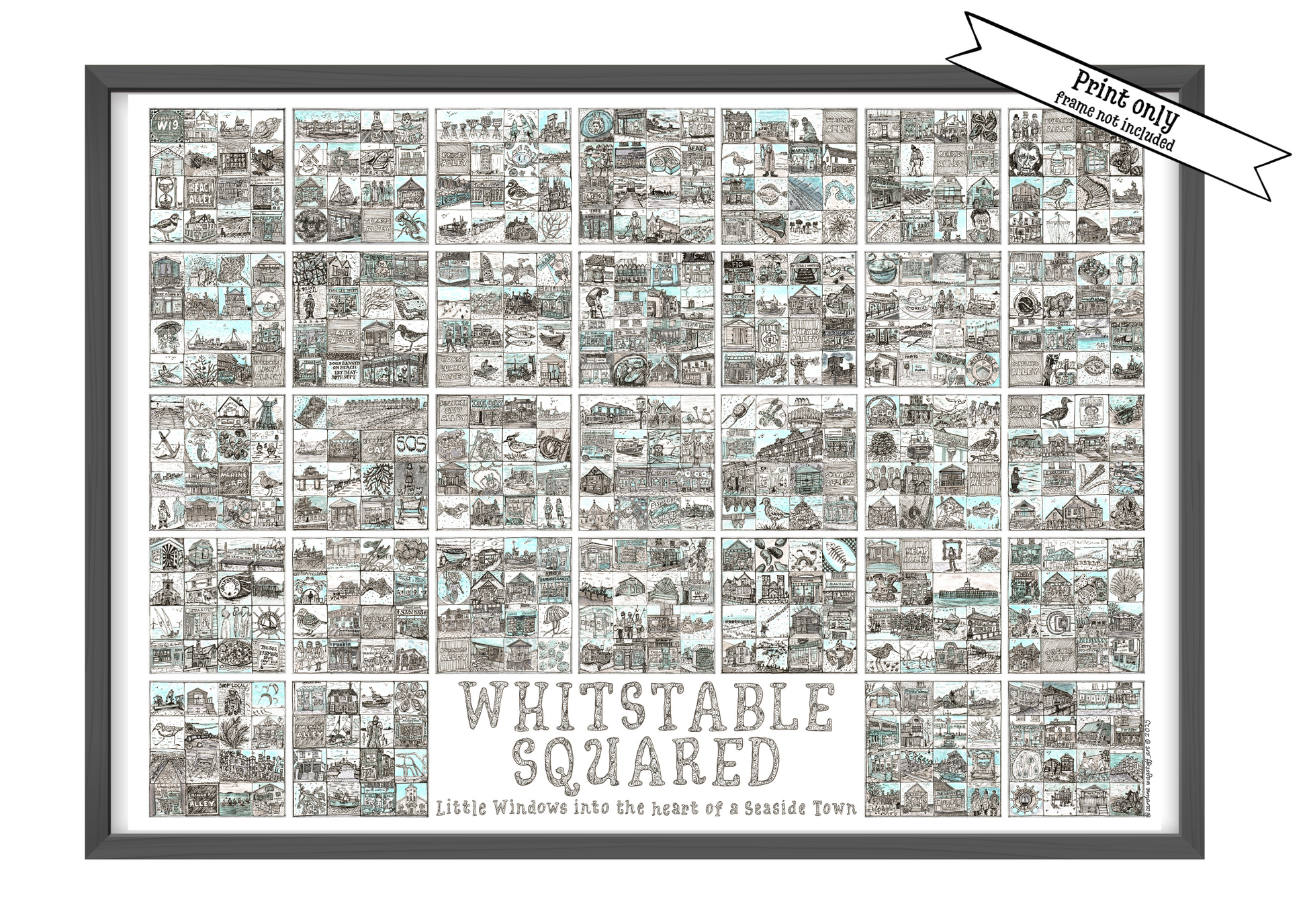 A2 landscape print entitled 'Whitstable Squared' with black and white illustrations in squares in the black frame and a 'Print Only' flash on top right corner.