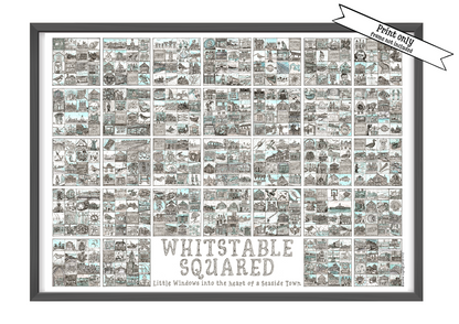 A2 landscape print entitled 'Whitstable Squared' with black and white illustrations in squares in the black frame and a 'Print Only' flash on top right corner.