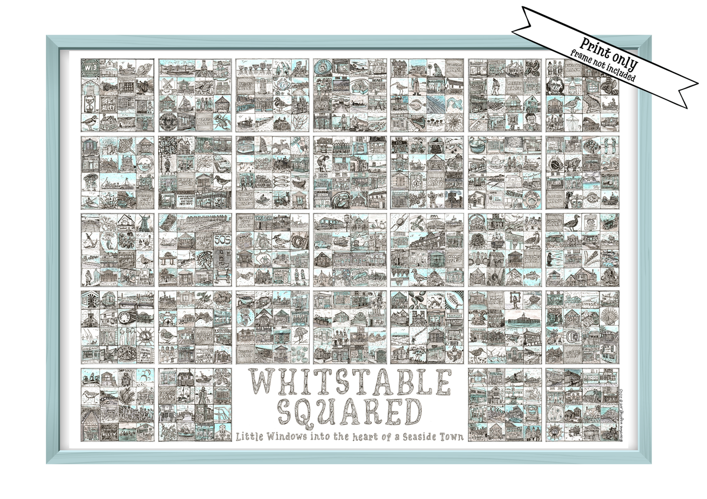 Lanscape A2 print entitled 'Whitstable Squared' with black and white illustrations in squares in the blue  frame and a 'Print Only' flash on top right corner.