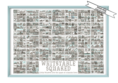 Lanscape A2 print entitled 'Whitstable Squared' with black and white illustrations in squares in the blue  frame and a 'Print Only' flash on top right corner.
