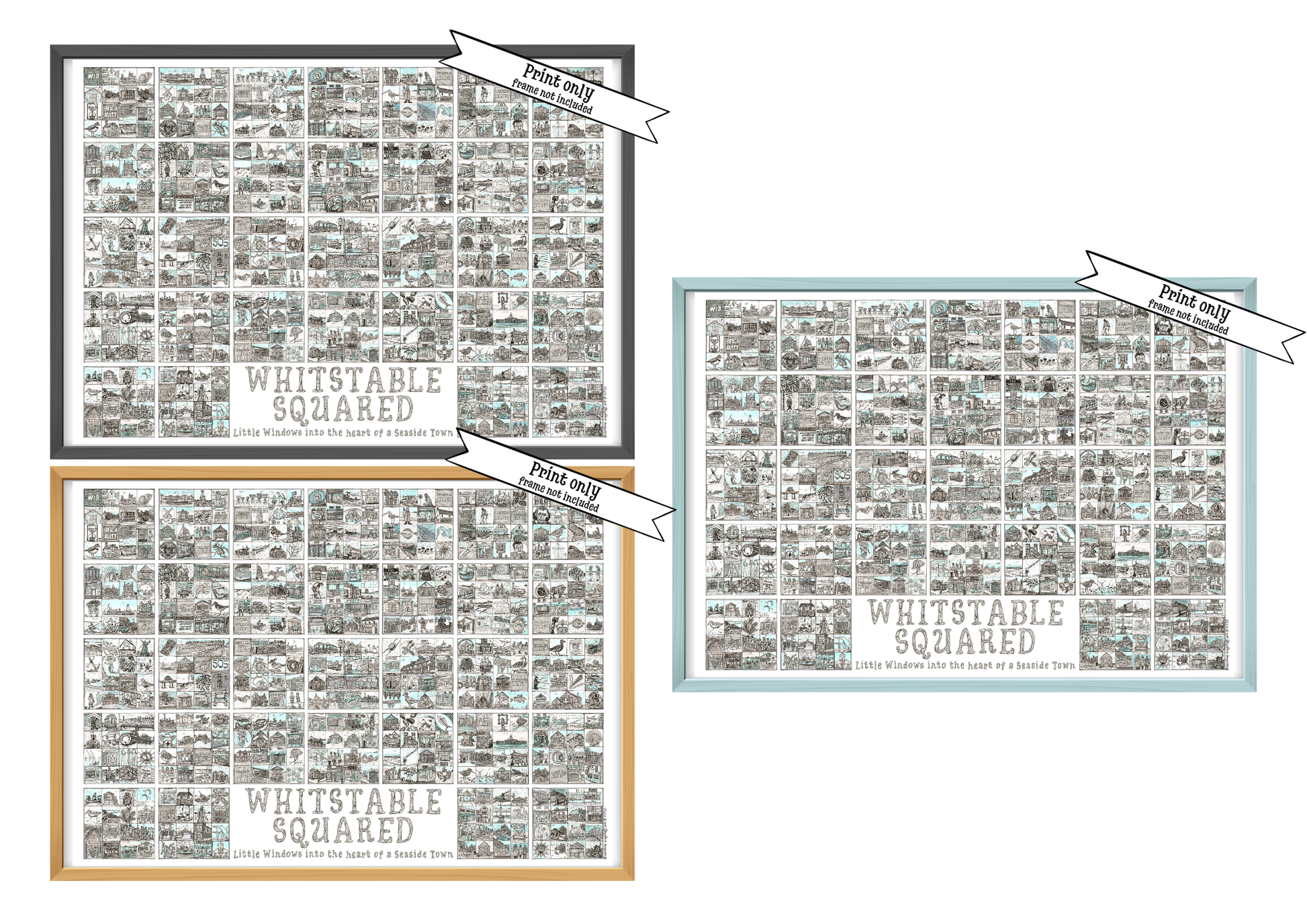 Three A2 landscape prints entitled 'Whitstable Squared' with black and white illustrations in squares in black,  wood effect  and blue frames with 'Print Only' flashes over top right corners of pictures
