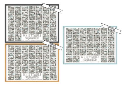 Three A2 landscape prints entitled 'Whitstable Squared' with black and white illustrations in squares in black,  wood effect  and blue frames with 'Print Only' flashes over top right corners of pictures
