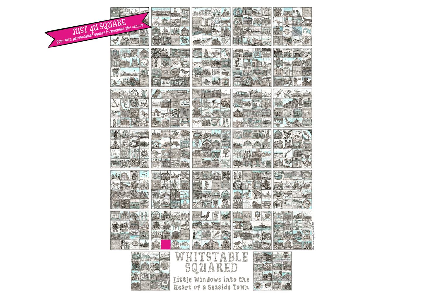 A2 portrait print entitled 'Whitstable Squared' with black and white illustrations in squares and pink blank square and a 'Just 4U Square' flash on top left corner.