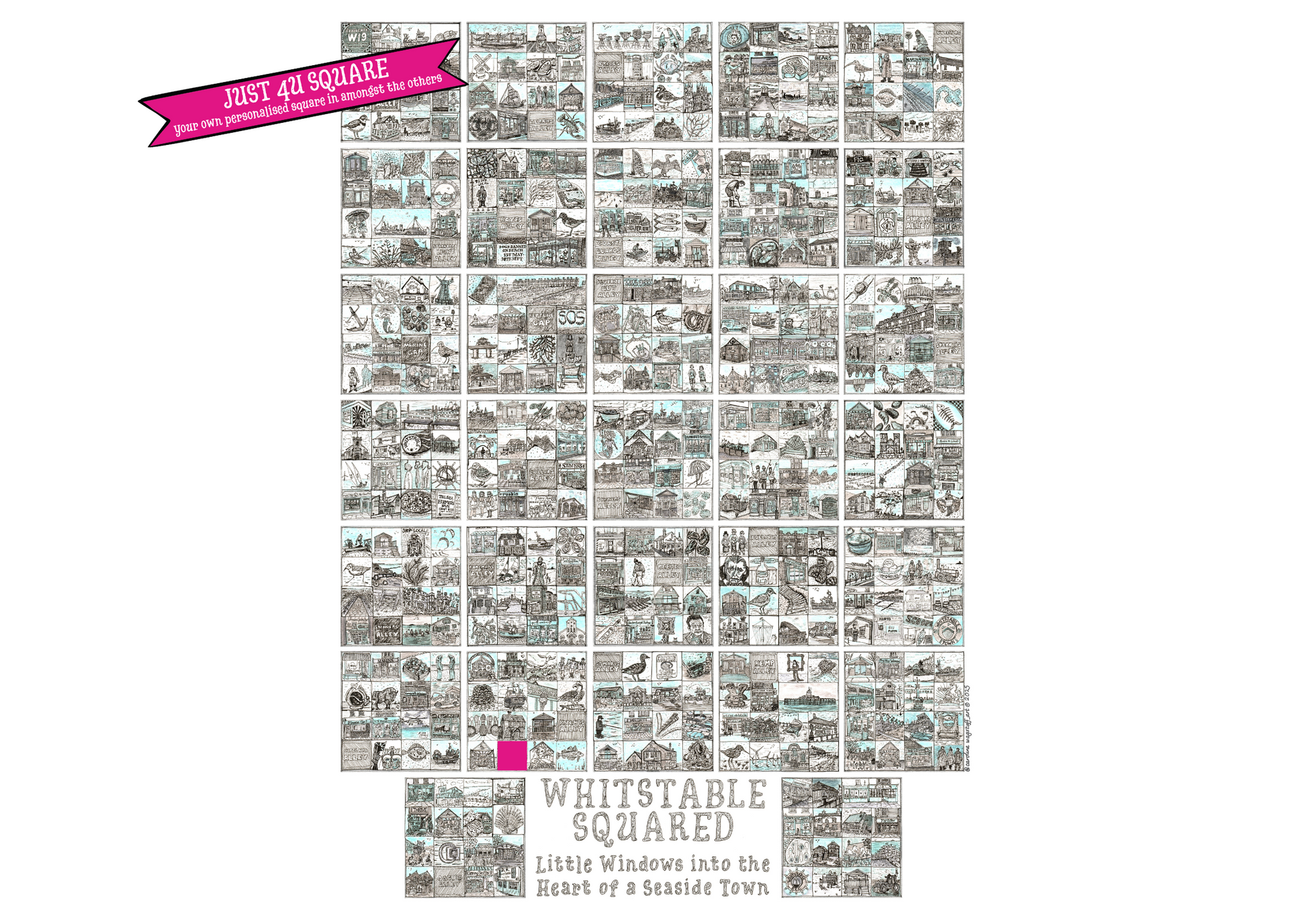 A2 portrait print entitled 'Whitstable Squared' with black and white illustrations in squares and pink blank square and a 'Just 4U Square' flash on top left corner.