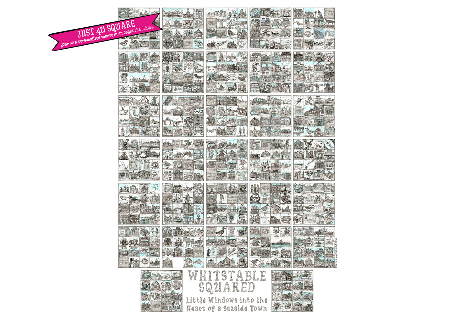 A2 portrait print entitled 'Whitstable Squared' with black and white illustrations in squares and a 'Just 4U Square' flash on top left corner.