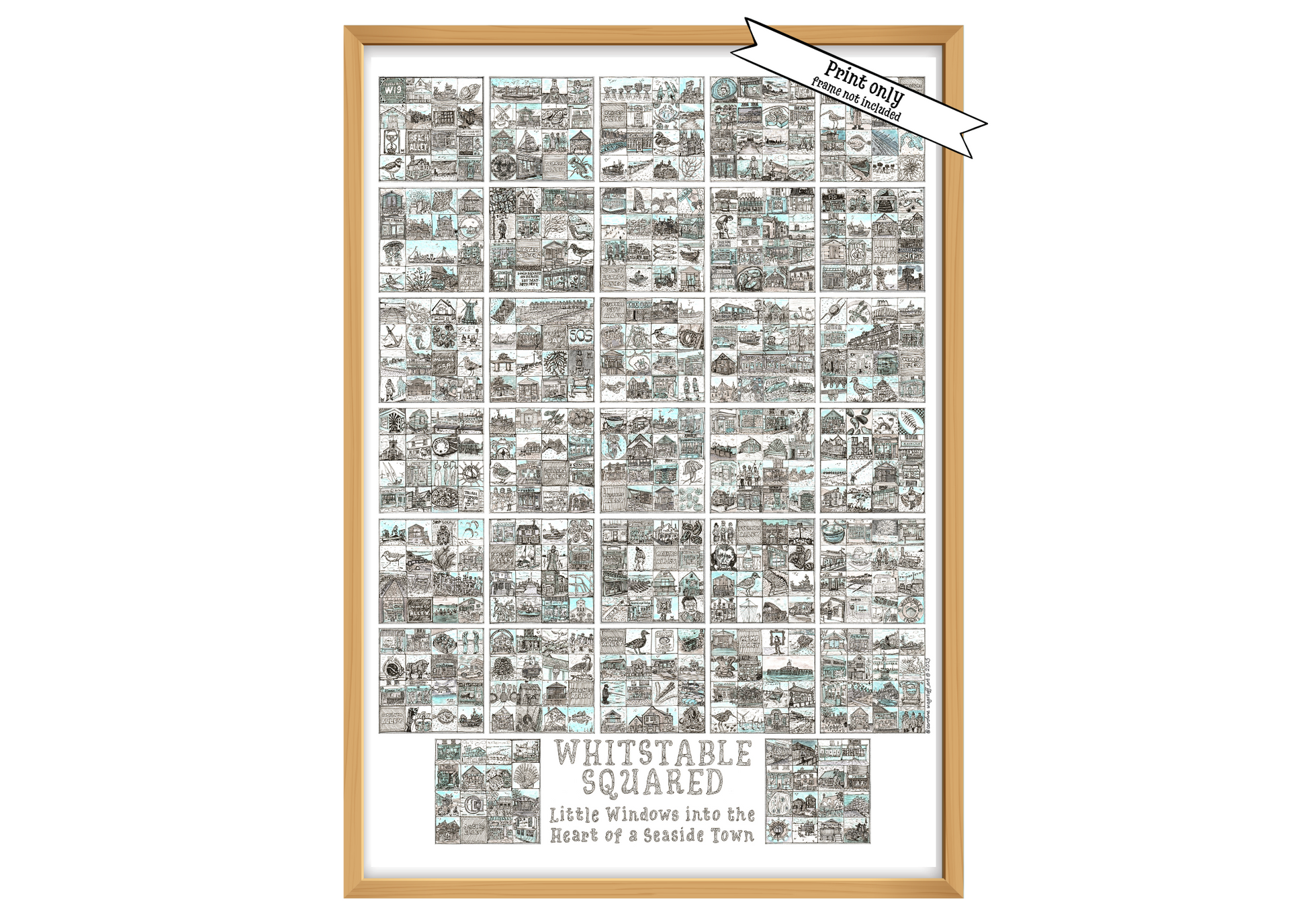 A2 Portrait print in wood effect frame entitled 'Whitstable Squared' with black and white illustrations in squares iand a 'Print Only' flash on top right corner.