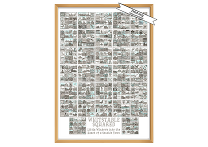 A2 Portrait print in wood effect frame entitled 'Whitstable Squared' with black and white illustrations in squares iand a 'Print Only' flash on top right corner.