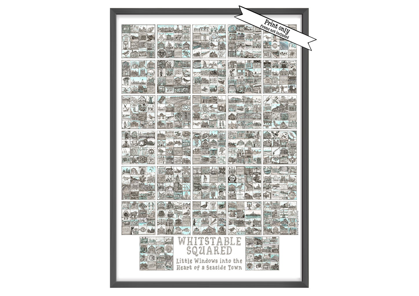 A2 Portrait print in black frame entitled 'Whitstable Squared' with black and white illustrations in squares iand a 'Print Only' flash on top right corner.