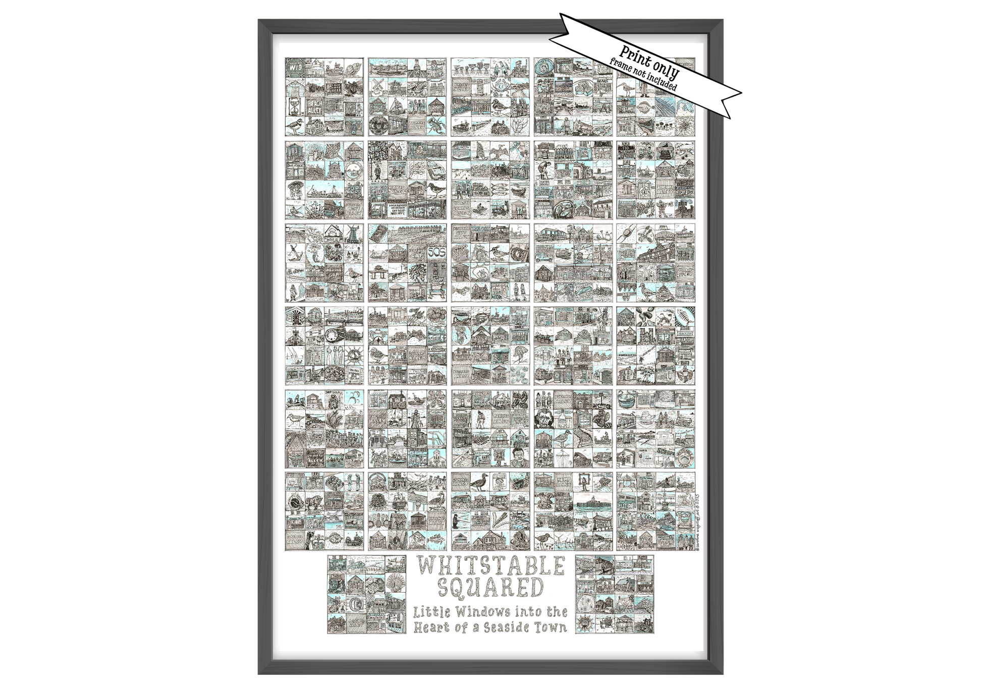 A2 Portrait print in black frame entitled 'Whitstable Squared' with black and white illustrations in squares iand a 'Print Only' flash on top right corner.