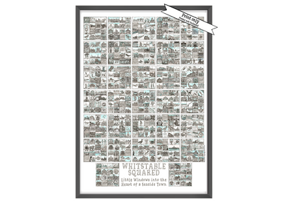 A2 Portrait print in black frame entitled 'Whitstable Squared' with black and white illustrations in squares iand a 'Print Only' flash on top right corner.