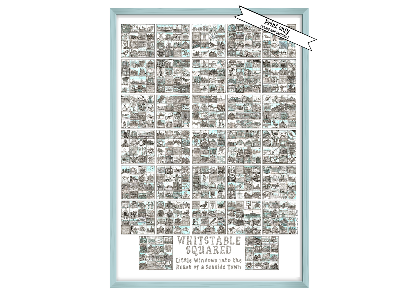 A2 Portrait print in powder blue frame entitled 'Whitstable Squared' with black and white illustrations in squares iand a 'Print Only' flash on top right corner.