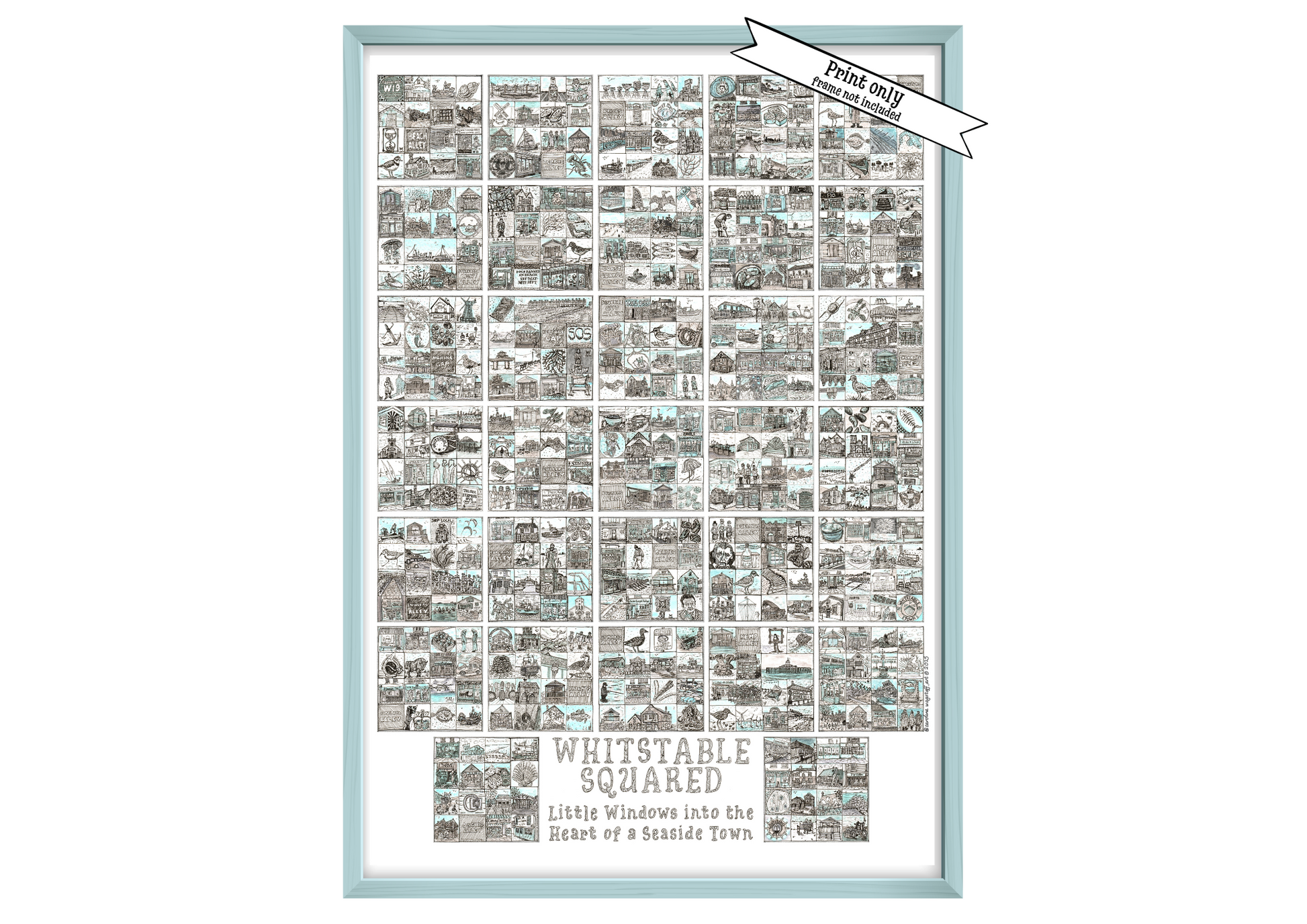 A2 Portrait print in powder blue frame entitled 'Whitstable Squared' with black and white illustrations in squares iand a 'Print Only' flash on top right corner.