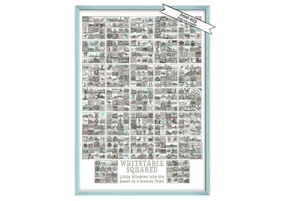 A2 Portrait print in powder blue frame entitled 'Whitstable Squared' with black and white illustrations in squares iand a 'Print Only' flash on top right corner.