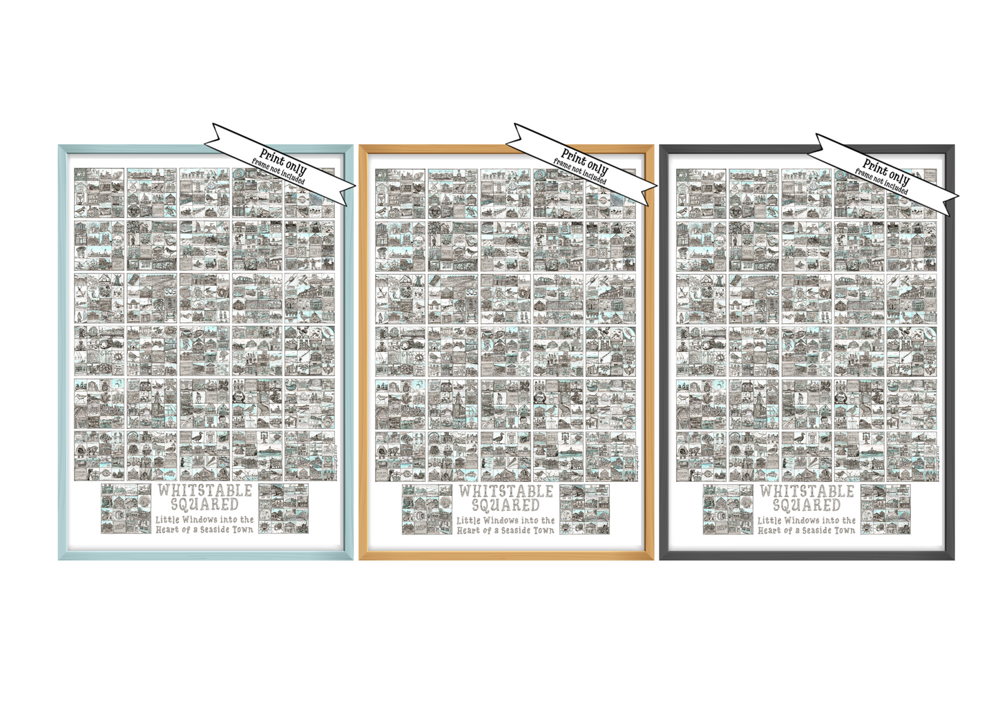 Three A2 Portrait frame prints entitled 'Whitstable Squared' with black and white illustrations in squares in black,  wood effect  and blue frames with 'Print Only' flashes over top right corners of pictures
