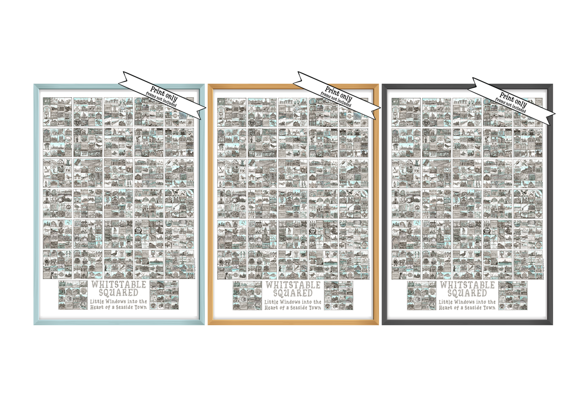 Three A2 Portrait frame prints entitled 'Whitstable Squared' with black and white illustrations in squares in black,  wood effect  and blue frames with 'Print Only' flashes over top right corners of pictures
