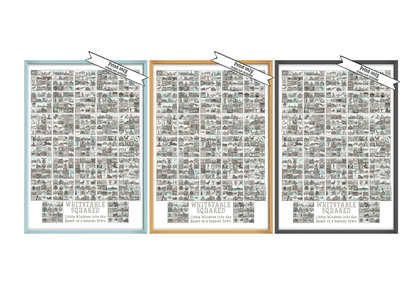 Three A2 Portrait frame prints entitled 'Whitstable Squared' with black and white illustrations in squares in black,  wood effect  and blue frames with 'Print Only' flashes over top right corners of pictures
