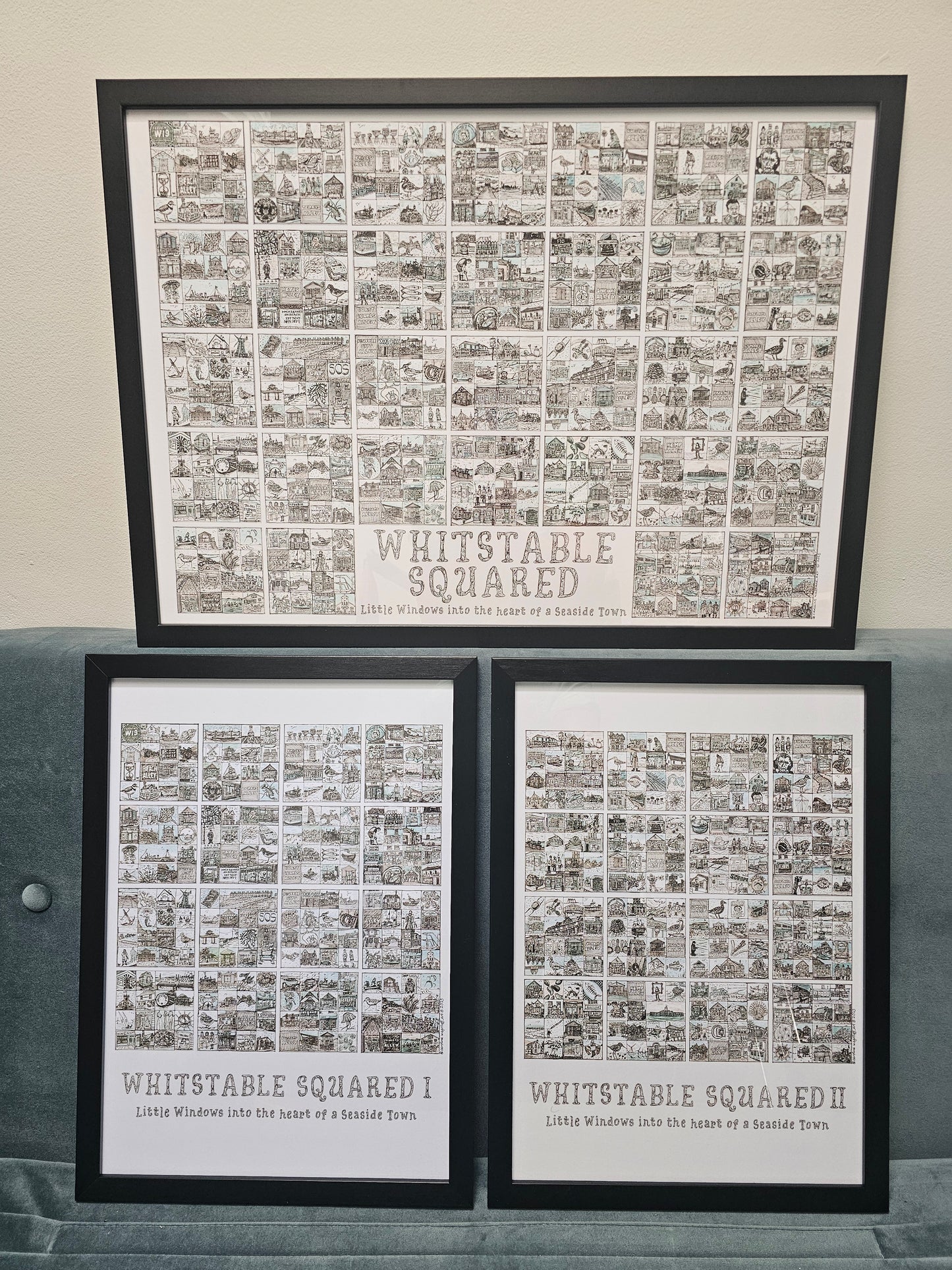 Comparison with an A2 landscape copy of Whitstable Squared and the same images divided onto two smaller A3 prints. All in black frames 