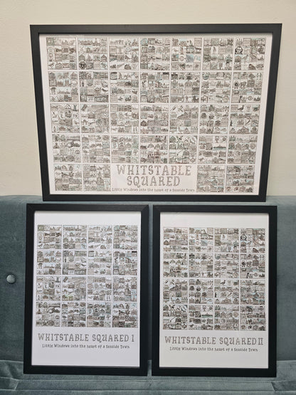 Comparison with an A2 landscape copy of Whitstable Squared and the same images divided onto two smaller A3 prints. All in black frames 