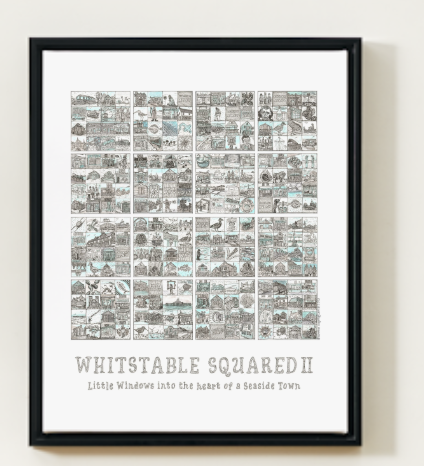 Framed A3 artwork titled 'Whitstable Squared II' on a white wall in the black frame