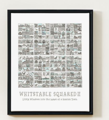 Framed A3 artwork titled 'Whitstable Squared II' on a white wall in the black frame