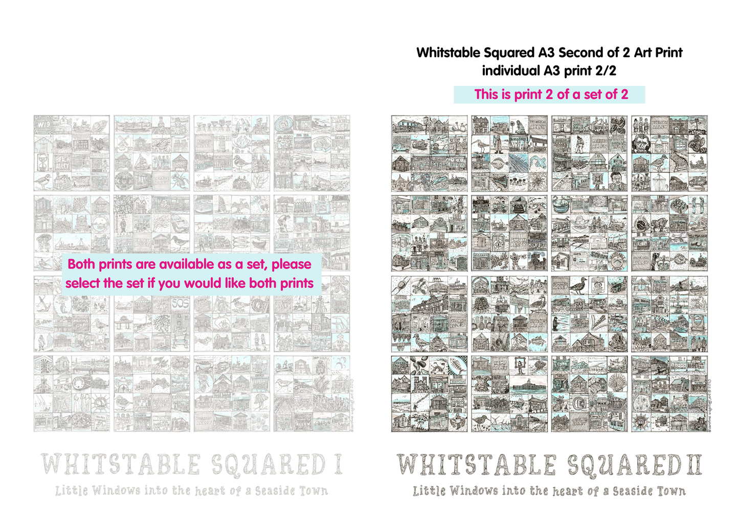 Two A3 art prints titled 'Whitstable Squared I' and 'Whitstable Squared II' with text indicating they are part of a set.