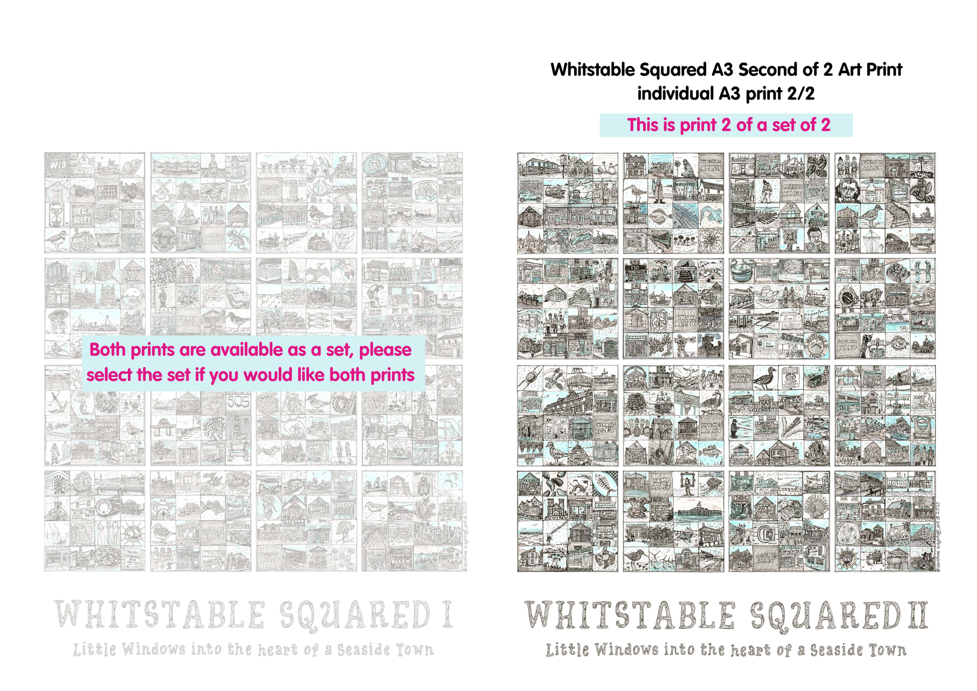 Two A3 art prints titled 'Whitstable Squared I' and 'Whitstable Squared II' with text indicating they are part of a set.