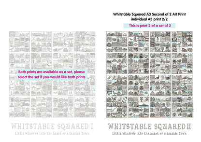 Two A3 art prints titled 'Whitstable Squared I' and 'Whitstable Squared II' with text indicating they are part of a set.