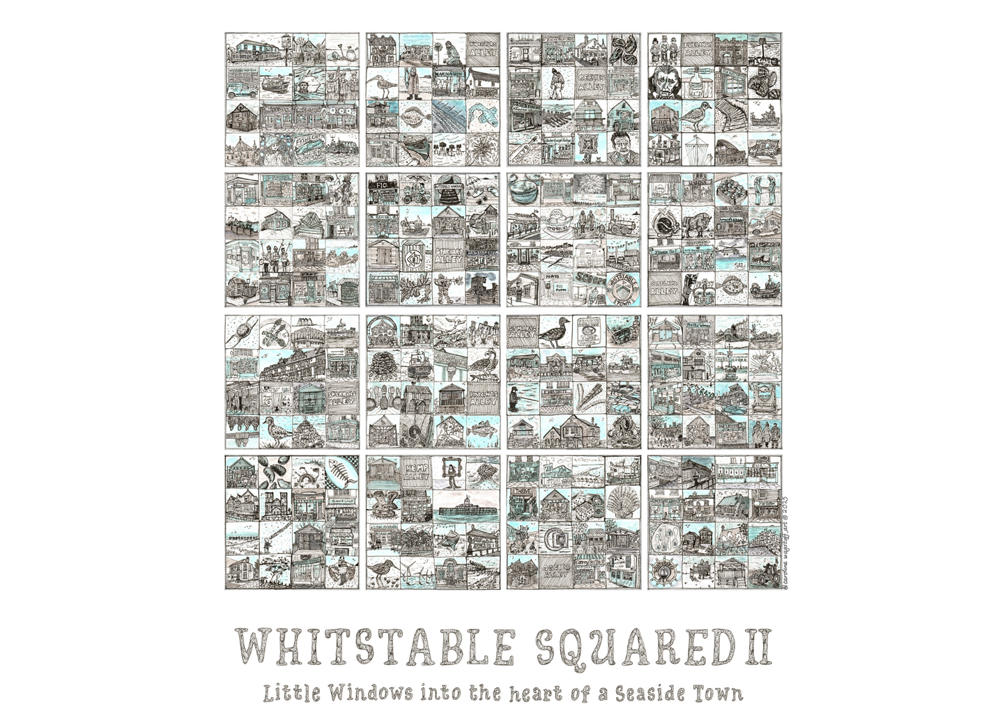 Close up of 'Whitstable Squared II' llustrated grid of small images in squares